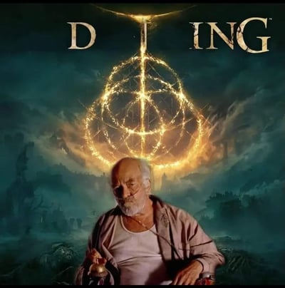 这是一张网友创作的恶搞合成图，背景采用了魂类游戏《艾尔登法环》的官方宣传海报，原海报的标题文字「ELDEN RING」被修改为「DING」，其中字母「I」替换成了游戏中标志性的黄金树律法发光结构；前景合成了网络知名的「叮老头」迷因素材，这位戴着氧气管、神情疲惫的老人手持铃铛，与背景的暗黑奇幻风格形成强烈反差，同时「DING」的文字也对应了老人摇铃发出的「叮」声，是结合游戏IP与网络迷因的趣味二次创作。