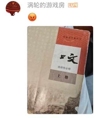 这是一张社交平台发言截图，发布者昵称为“涡轮的游戏房”，附带LV4等级标识，发布时搭配了一个愤怒的表情。下方配图是一本普通高中语文选择性必修上册的课本，由于封面左侧被弯折的书页遮挡，“语”字的言字旁完全被挡住，剩余部分视觉上类似“口”字，而“文”字因磨损或拍摄角度看起来接近“交”字，二者组合形成了低俗的视觉错位效果，发布者用愤怒表情表达对这种意外低俗效果的调侃或不满情绪。