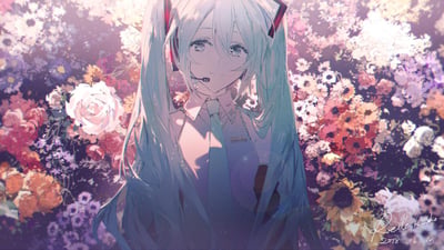 一张精美的动漫风格插画，画面中央是一位蓝发双马尾少女。她有着蓝色的眼睛，头发上系着红色的发饰，穿着带有领带的服装。少女站在色彩斑斓的花海中，背景是各种颜色的花朵，营造出梦幻般的氛围。