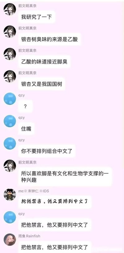 这是一张聊天记录截图，展示了用户"前文明真奈"发表的一系列荒谬言论。他声称银杏树的臭味来源于乙酸，而乙酸的味道接近脚臭，又因为银杏是中国国树，所以得出"喜欢脚是有文化和生物学支撑的一种兴趣"的奇葩结论。其他用户如"qzy"和"mc※末钟仁"对此表示无奈，多次要求将其禁言，因为他"又要排列中文了"。整个对话充满了荒诞幽默的氛围，展现了网络聊天中常见的搞笑抬杠场景。