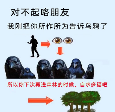 这是一张图文混排的搞笑整蛊梗图，整体分为三个视觉区域：顶部用黑色文字写着“对不起咯朋友 我刚把你所作所为告诉乌鸦了”，搭配一个做出传递手势的黑色人影剪影，人影指向一双眼睛图案，眼睛通过红色箭头指向下方一群眼神严肃、整齐排列的乌鸦；底部用红色文字标注“所以你下次再进森林的时候，自求多福吧”，并通过红色箭头指向右下角的森林图案。图片利用乌鸦在大众认知中聪明、能传递信息的形象，构建了“向乌鸦告状，对方下次进森林会被针对”的诙谐场景，用于朋友间的趣味调侃，充满轻松的整蛊趣味。