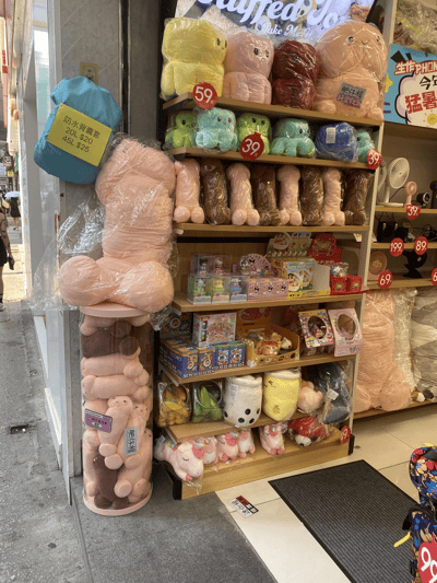 一家商店的货架展示，上面摆放着各种颜色和形状的毛绒玩具，包括粉色、黄色、绿色、蓝色和棕色等。货架上有明显的价格标签，如59、39、199、89和69等数字。前景中有一个大型粉色毛绒玩具，旁边有一个蓝色的防水冰骨套商品，标有"防水冰骨套 20L $20 45L $25"的价格标签。货架上还摆放着各种小型玩具和商品，整体看起来是一家销售玩具和小商品的零售店。
