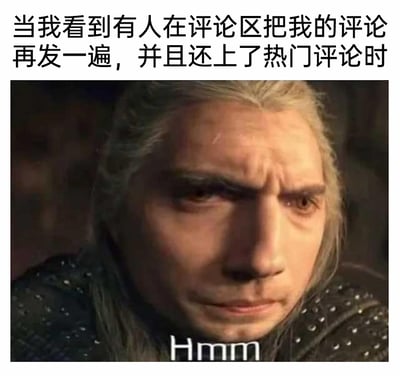 这是一张经过P图改编的图文混排静态表情包，图片上方配有中文文字“当我看到有人在评论区把我的评论再发一遍，并且还上了热门评论时”，精准描述了网络社交里常见的“原创评论被抄袭，抄袭者反而获得高热度”的场景。图片主体是将美剧《猎魔人》中杰洛特的身体与演员亚当·德赖弗的脸部合成的角色，该角色眉头紧皱，面部肌肉扭曲，神情憋屈又带着无语，图片底部配文“Hmm”，进一步强化了这种复杂的情绪，完美戳中用户在遇到自己的创意被他人盗用并获利时的心境，适合用来表达此类场景下的憋屈、无奈与无语。