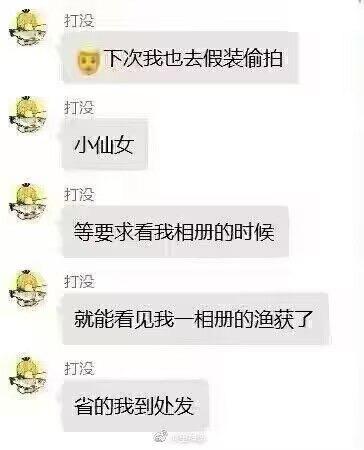 这是一段聊天记录截图，用户「打没」先是发送了一个捂嘴笑的表情，提出“下次我也去假装偷拍”的想法，接着称呼对方「小仙女」，随后揭晓真实目的：等别人要求查看自己相册时，就能顺理成章展示一相册的渔获，省去自己主动到处分享的麻烦。这段对话是一个充满小聪明的搞笑脑洞，用假装偷拍的由头来合理化展示自己的钓鱼成果，趣味十足。