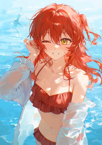 这是一幅AI绘制的二次元插画，画面中一位扎着侧马尾的红发少女站在波光粼粼的海水中，身着带荷叶边的红色泳装，外搭透明长袖罩衫。她单手轻撩发丝，单眼wink，脸上带着羞涩又元气的笑容，皮肤与发丝上的水珠增添了夏日的清爽感，整体氛围清新治愈，充满海边夏日的元气气息。
无谐音梗、双关或暗示内容。