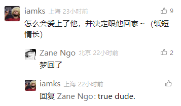 这是一张来自未知社交媒体的评论区静态截图，画面中展示了三位用户的互动评论：用户iamks（显示所在地为上海，23小时前发布）引用烟把儿乐队歌曲《纸短情长》的歌词发布评论“怎么会爱上了他,并决定跟他回家~（纸短情长）”，该评论获得9个点赞；22小时前，用户Zane Ngo（显示所在地为北京）回复“梦回了”，表达对该歌曲相关回忆的怀念，此回复获得2个点赞；随后iamks再次回复“true dude.”，对Zane Ngo的怀旧情绪表示认同。整个评论互动围绕经典歌曲展开，传递出用户对过往与该歌曲相关的时光的怀念之情。