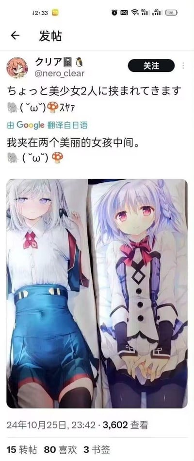 这是一张社交媒体帖子的截图，用户@nero_clear发布内容称“我夹在两个美丽的女孩中间”，并配上( ´ω` )蘑菇表情。帖子包含两张动漫风格的抱枕图案图片，左侧是银发红蝴蝶结、蓝裙的少女，右侧是紫发红蝴蝶结、白色制服的少女，两人均面带微笑。下方显示发布时间为24年10月25日23:42，查看量3,602，转帖15，喜欢80，书签3。