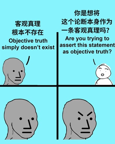 这是一张四格连环梗图，采用卡通风格呈现哲学上的自指悖论。第一格中灰色卡通人物提出“客观真理根本不存在”的观点；第二格白色卡通人物反问，指出该论断本身就陷入了自相矛盾——如果这句话成立，那它本身就是一条客观真理，和原观点冲突；第三格灰色人物露出错愕的表情，第四格则转为愤怒，生动展现了提出这类悖论观点的人被戳破逻辑漏洞后的反应，用幽默的方式呈现了哲学思辨中的经典矛盾场景。