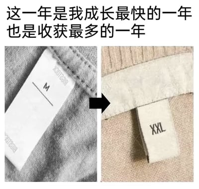图片上方配有文字“这一年是我成长最快的一年 也是收获最多的一年”，下方为左右对比图：左侧是一件灰色衣物的标签，显示尺码为“M”；右侧是一件米色衣物的标签，显示尺码为“XXL”，中间有一个黑色箭头从左指向右，形成鲜明对比。通过衣物尺码从M到XXL的变化，幽默地暗示了“成长”和“收获”实际上是体重增加导致的尺码变大，用夸张的方式表达了一种自嘲式的搞笑。