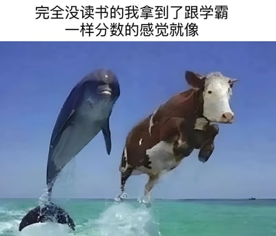 这张梗图上方配有文字'完全没读书的我拿到了跟学霸一样分数的感觉就像'，下方是一张经过PS处理的图片，显示一只海豚和一头奶牛以相同的姿势同时跃出水面。图片通过将陆地动物奶牛P到海洋环境中模仿海豚跳跃的滑稽场景，幽默地表达了没学习却取得好成绩的意外和不真实感，就像奶牛能像海豚一样在水中跳跃一样不可思议。