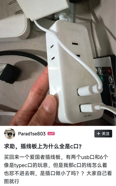 这是一张社交媒体求助帖子的截图，内容是网友买爱国者插线板后闹出的乌龙：网友将插线板倒着拿，把插线板上三个国标五孔电源插座的共六个竖插脚孔，误认成了六个Type-C USB接口，于是发帖求助，称自己的Type-C线怎么都插不进去，疑惑是不是插口做小了。图上半部分是一只手拿着倒放的白色插线板，下半部分是网友发布的求助文字，笑点在于网友看错插孔产生的有意思的误会。