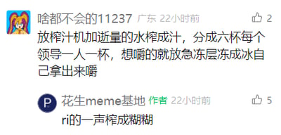 这是一张社交媒体平台的评论区截图，来自账号“花生meme基地”的内容下。用户“啥都不会的11237”发布了一条充满脑洞的整活评论，以将事物榨汁分给领导、冻成冰让领导自己嚼的夸张方式，调侃职场中的相关情绪；账号作者“花生meme基地”回复“ri的一声榨成糊糊”，进一步强化了这种夸张搞笑的整活氛围，整体内容通过荒诞的想法来抒发职场相关的情绪，充满趣味。