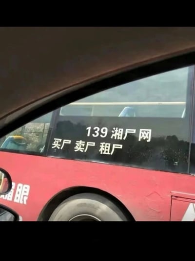这是一张实地拍摄的静态照片，主体为一辆红色汽车的侧面，汽车后窗玻璃上贴有黑底白字的广告，内容为“139 湘尸网 买尸 卖尸 租尸”，利用字体的视觉近似效果，将“户”字设计成类似“尸”的样子，制造视觉错觉与噱头，宣传疑似违规的湖南地区户口买卖、租赁业务，这类业务通常不符合户籍管理相关规定，广告以此方式吸引路人注意。