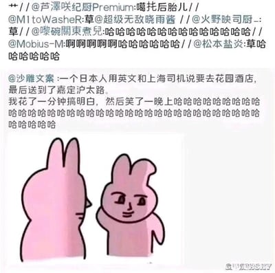 这是一张来自微博的社交媒体截图，属于图文混排的搞笑内容。上方是微博的转发评论区与主文案，主文案讲述了一个谐音梗笑话：一位日本人用英文告知上海司机要去“Garden Hotel（花园酒店）”，但由于日本人说英文的口音问题，发音与中文“嘉定沪太路”相近，导致司机误解，将其送到了嘉定沪太路。发布者表示自己花了一分钟才理解笑点，为此笑了一整晚，转发的用户们也用“草”“哈哈哈哈”等内容表达自己被这个段子逗笑的心情。下方搭配了一张卡通图，图中有两只粉色兔子，右侧的兔子被拟人化，有着人类的面部，抬手做出讲解的动作，仿佛正在向旁边的兔子解释这个段子的笑点，让内容的趣味性更直观。