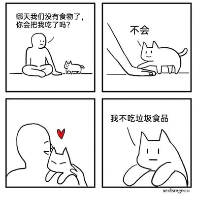 这是一幅四格黑白线稿卡通漫画，讲述了人类与猫咪的搞笑反转对话。第一格中，人类坐着向小猫提问：“哪天我们没有食物了，你会把我吃了吗？”；第二格中，小猫拍着人类的手回答“不会”；第三格中，人类感动地抱着小猫，画面出现爱心图案，氛围温馨；第四格中，小猫严肃地补刀“我不吃垃圾食品”，用反转的毒舌打破温馨氛围，制造出搞笑的效果。
