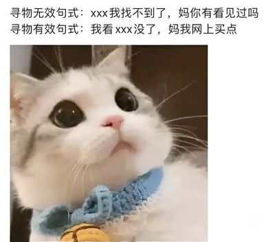 一张对比“寻物无效句式”与“寻物有效句式”的幽默梗图。上方文字分别列出两种表达方式：无效句式为“xxx我找不到了，妈你有看见过吗”，有效句式为“我看xxx没了，妈我网上买点”。下方是一张特写的灰白色猫咪照片，猫咪有着大大的圆眼睛，佩戴蓝色项圈和金色铃铛，正仰头向上看，表情呆萌无辜，与上方调侃家庭沟通的文字形成趣味搭配，展现生活中的幽默场景。