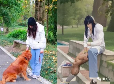 图片分为左右两部分形成鲜明对比。左侧为现实场景：一位穿着白色羽绒服、黑色毛线帽和蓝色牛仔裤的女生，在铺满落叶的公园小径上弯腰抚摸一只棕色金毛犬，狗狗温顺抬头回应，背景有绿树、长椅和散落黄叶，充满秋日氛围。右侧为动漫风格场景：留着黑色长发的男性角色，穿白色外套和灰色裤子，坐姿挺拔，腿部肌肉异常发达且线条夸张，坐在石制长椅上，背景同样是公园树木但色调偏冷。两张图通过相似场景和人物姿态形成幽默对比，突出动漫角色身材的戏剧性夸张。