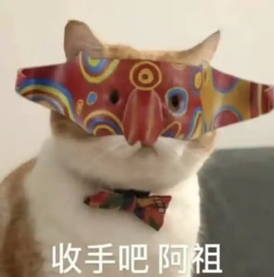 这是一张经过P图改编的搞笑梗图，主体是一只表情严肃的橘白猫咪，被添加了色彩鲜艳的面具状装饰，脖子上系着领结，图片底部配有香港电影《新警察故事》的经典台词「收手吧 阿祖」。
通过可爱的动物形象与严肃劝诫台词的结合，形成强烈的反差感，以幽默诙谐的方式表达劝诫他人停止某件事的意图。