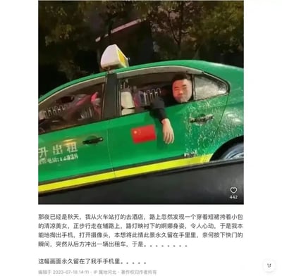 这是一张充满趣味的视觉错位照片，拍摄者原本打算拍摄路上身姿婀娜的清凉美女，按下快门的瞬间一辆绿色出租车恰好经过，形成了出租车司机的头部和手臂仿佛从破碎的车窗伸出的错觉。照片中的绿色出租车带有“升出租”字样和联系电话，司机头部探出车窗，手臂搭在窗边，车窗的裂痕与司机的位置结合拍摄角度，营造出荒诞搞笑的视觉效果。下方配文详细讲述了这个意外拍摄的经历，记录了这个让人哭笑不得的生活瞬间。