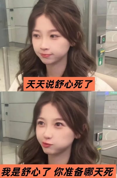 本图为两张虞书欣照片（人物脸部已打码）上下拼贴，搭配中文对白，形成幽默、反转的表情包。上面文字：“天天说舒心死了”，下面反击：“我是舒心了，你准备哪天死”。这里的“双关”在于利用“舒心死了”既有字面意（某人感到很舒服地‘死了’），又结合“舒心”谐音“虞书欣”的名字，形成巧妙的语义幽默。适用于网络怼人、自嘲等场景。