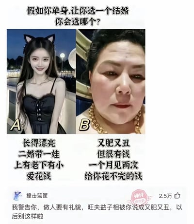 这是一张左右对比的梗图，上方配有文字“假如你单身,让你选一个结婚你会选哪个？”。左侧(A)是一位戴着猫耳头饰、穿着黑色吊带裙的年轻女性，背景是夜晚的户外场景，下方文字描述为“长得漂亮 二婚带一娃 上有老下有小爱花钱”。右侧(B)是一位佩戴金项链的中年女性，下方文字描述为“又肥又丑 但很有钱 一个月见两次 给你花不完的钱”。图片底部有一条热门评论：“我警告你，做人要有礼貌，旺夫益子相被你说成又肥又丑，以后别这样啦”，评论旁有“神评”标识和“2.5万”点赞数。