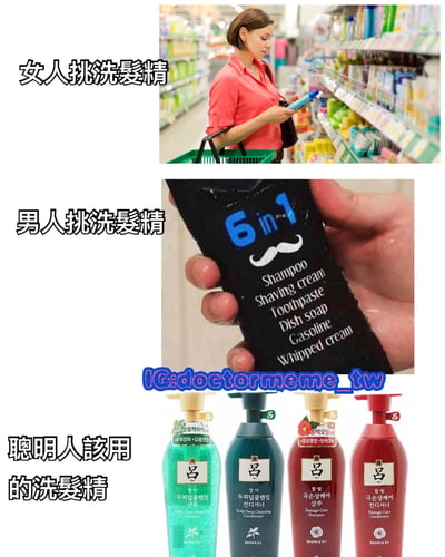 该图为三格上下拼接的对比梗图，通过幽默方式展现不同人群选择洗发水的差异。上格：一位穿粉色衬衫的女性在超市货架前认真挑选洗发水，身旁有购物篮，背景是琳琅满目的洗护用品；中格：一只手握着黑色包装的“6 in 1”产品，标签显示其兼具洗发水、剃须膏、牙膏、洗洁精、汽油、奶油等多种功能；下格：四瓶不同颜色的“吕”牌洗发水和护发素整齐排列。