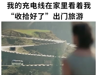 图片上方为黑色加粗文字“我的充电线在家里看着我 ‘收拾好了’ 出门旅游”，下方是一张风景照片。照片中展示了蜿蜒曲折的山间公路，道路旁有护栏，远处可见绿色山坡和雾气弥漫的山谷，一辆白色巴士停在路边，前景有一个模糊的人物背影正望向这条山路。整体通过拟人化充电线的视角，幽默地表达了出门旅游时忘记带充电线的常见健忘场景，带有自嘲和无奈的搞笑意味。