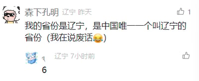 这是一张竖屏手机格式的社交媒体评论区截图，属于图文混排的内容。截图中展示了两条用户评论：第一条是来自辽宁的用户“森下孔明”于昨天发布的发言，内容为“我的省份是辽宁，是中国唯一一个叫辽宁的省份（我在说废话😅）”，发言者主动调侃自己的发言是没有实际信息量的废话，还搭配了一个哭笑不得的表情，充满自嘲的搞笑感；第二条是同样来自辽宁的用户“6”于7小时前发布的评论，仅回复了数字“6”，在网络语境中这个数字常用来表达无语、调侃或是对发言的认同式吐槽。两条评论都配有卡通风格的用户头像，界面是典型的移动端社交媒体评论区样式，整体氛围轻松有趣，是网络社区里常见的趣味互动内容。