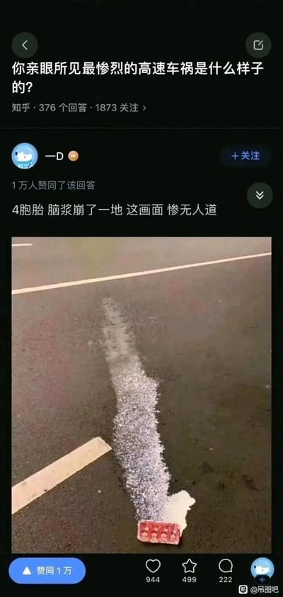这是一张知乎平台的问答截图，顶部问题为“你亲眼所见最惨烈的高速车祸是什么样子的？”，用户“一D”的回答获得1万赞同，配文为“4胞胎 脑浆崩了一地 这画面 惨无人道”，下方配图是路面上一个倾倒的旺仔牛奶盒，包装上印有4个旺仔卡通头像，对应配文中的“4胞胎”，洒出的白色牛奶在黑色路面上留下长长的拖痕，被恶搞比作车祸场景中的“脑浆”，通过日常物品与惨烈描述的强烈反差制造荒诞搞笑的效果，图片右下角带有“@吊图吧”的水印，表明该截图的分享来源。