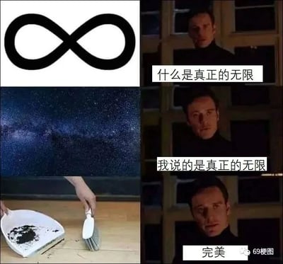 这是一组递进式的连环梗图，采用左右分栏的多图拼接形式。右侧是同一男性的三幅影视截图，对应左侧的三幅图依次抛出问题并给出反馈：第一幅右侧配文“什么是真正的无限”，左侧是数学领域代表无限的∞符号；第二幅右侧配文“我说的是真正的无限”，左侧是象征宇宙无限的浩瀚星空；第三幅右侧配文“完美”，左侧是生活中常见的场景——清扫垃圾时，垃圾扫到撮箕外，不得不重复清扫，这种永远做不完的重复劳动被调侃为“真正的无限”。梗图通过将抽象的、宏大的“无限”概念，落脚到普通人生活中无奈又真实的重复劳动场景，制造强烈反差，精准戳中人们对这类无意义重复工作的共鸣，以幽默的方式吐槽生活里的这种窘境。