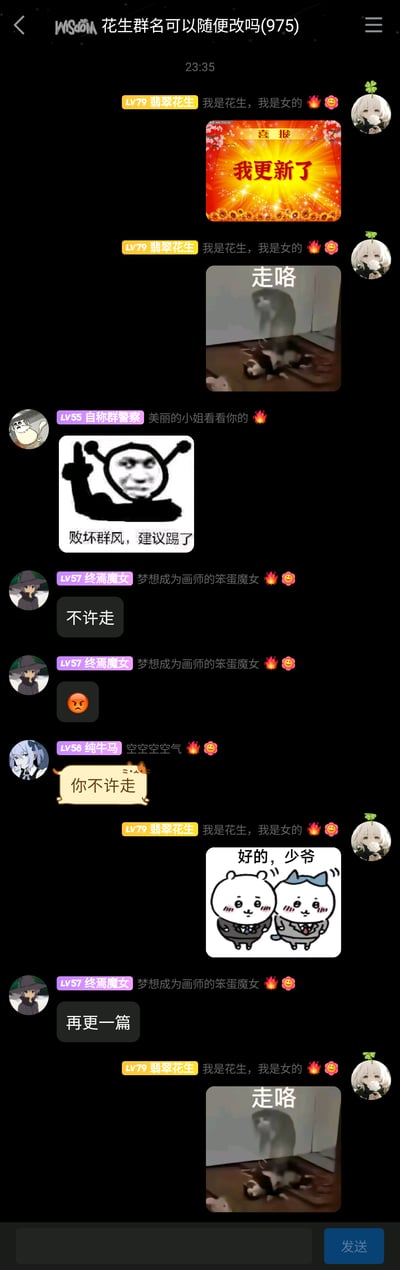 这是一张名为“花生群名可以随便改吗(975)”的群聊截图，记录了群内成员的轻松搞笑互动：LV79翡翠花生先发了一张“我更新了”的喜报风格图片，重复发送“我是花生，我是女的”并附带“走咯”的猫猫跑路图，表现出要结束互动的姿态；LV55自称群警察用“败坏群风，建议踢了”的梗图调侃；LV57终焉魔女和LV58纯牛马纷纷发送文字和表情挽留翡翠花生，翡翠花生则用《Chiikawa》的“好的，少爷”梗图回应；之后终焉魔女要求“再更一篇”，翡翠花生又发送了“走咯”的跑路图，整个群聊氛围轻松欢快，充满网络流行梗图的趣味。