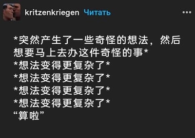 这是一张海外社交平台的用户动态截图，内容是一段非常真实的内心戏独白：一开始突然冒出一个奇怪的念头，还想着立刻付诸行动，但在不断的内心推演中，想法变得越来越复杂，经过多次的纠结后，最终以一句“算啦”放弃了最初的想法。这段内容精准还原了很多人在面对突发想法时，从冲动到内耗再到放弃的完整心态，极易引发大众的共鸣，真实又接地气。