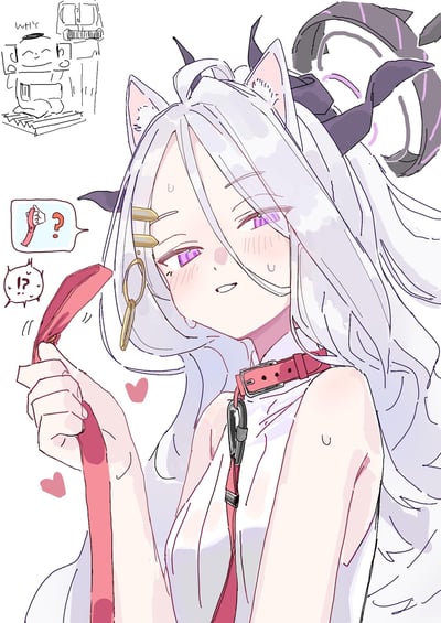 一张动漫风格的插画，描绘了一位有着猫耳和角的白发少女。她有着紫色的眼睛，脸上带着红晕和汗珠，表情显得有些害羞和困惑。少女手持一个红色物体，脖子上戴着红色项圈。左上角有一个小漫画风格的插图，画着一个困惑的人物和"WHY?"字样。画面整体呈现出可爱又略带神秘的氛围。