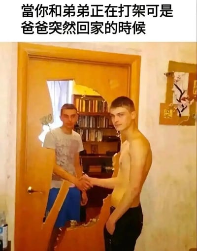 这是一张搞笑梗图，采用顶部配文加下方实拍图的形式，顶部配文为“当你和弟弟正在打架可是爸爸突然回家的时候”。下方的实拍画面中，一扇木质房门被砸出了非常大的不规则破洞，两个年轻男子分别站在房门的内外，隔着破洞握手，二人表情都故作平静装作友好，但是破损严重的房门已经充分暴露了他们此前打架的激烈程度，刻意伪装的和平和狼藉的现场形成强烈反差，充满喜剧效果，精准表现出打闹的孩子被家长突然抓包时的慌乱掩饰状态。