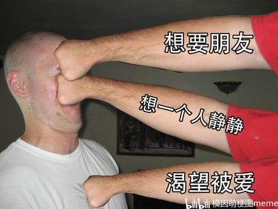 这是一张利用视觉错位效果制作的meme梗图，画面中通过拍摄角度制造出一个穿红T恤的人有三只手臂，并用这三只拳头击打穿白T恤男子的面部，三只拳头分别标注了“想要朋友”“想一个人静静”“渴望被爱”的文字，精准表现了当代人在社交层面的矛盾心理：内心同时存在渴望获得陪伴、被人关爱的需求，又有着想要独处、享受安静的诉求，多种互相冲突的心理如同不同的力量拉扯着自己，呈现出纠结、矛盾的状态。