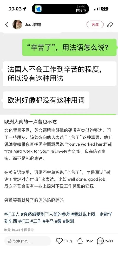 用户向博主Just帕帕询问「辛苦了」的法语表达，得到回复称法国人不会工作到辛苦的程度，因此没有相关用法；博主进一步分享，英文语境中也没有直接对应「辛苦了」的礼貌表达，直接直译会显得奇怪，通常用「well done」「good job」这类感谢+肯定的方式来替代，且「辛苦了」在英文里带有上级对下级安抚的意味。这种文化差异让身为打工人的博主笑着哭了，引发同类群体的共鸣，凸显了不同职场文化下的差异，以及打工人的心酸。