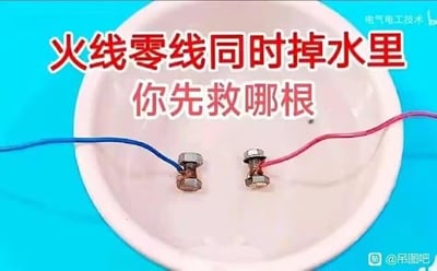 这是一张电工安全知识趣味科普静态图，画面中展示了分别连接蓝色零线和红色火线的螺栓放置在一个白色容器内，模拟火线与零线同时掉入水中的场景。画面上方配有醒目的红色大字提问：“火线零线同时掉水里 你先救哪根”，以趣味化的问题形式引发观看者对电工安全知识的关注。该问题的正确处理方式为：绝对不能直接用手去触碰“救援”，应第一时间断开总电源，再进行后续处理；若仅从理论风险角度比较，零线的触电风险相对火线更低，但直接接触仍有安全隐患，断电才是最安全的操作。