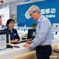 这是一张由豆包AI生成的模拟真实场景的图片，画面呈现了一位外国老年男性在中国移动线下营业厅的柜台前，与身着工装的女工作人员交流的日常服务场景。背景的蓝色墙面带有中国移动的品牌标识，柜台配备办公设备，整体场景还原了营业厅的真实环境，氛围正式且平和。