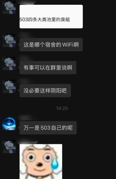 这是一张宿舍群的聊天记录截图，首先有群成员晒出某WiFi的名称为带有辱骂性的“503四条大粪池里的臭蛆”，随后推测为503宿舍成员、头像为喜羊羊侧脸的用户接连发言，质问这是哪个宿舍的WiFi，表明有矛盾可以直接在群里沟通，没必要通过改WiFi名的方式阴阳怪气。之后另一个头像是蓝色发光星球的群友反问“万一是503自己的呢”，最后之前发言的503宿舍用户发出了改图的喜羊羊流汗尴尬表情包，情节反转乌龙，充满笑点。