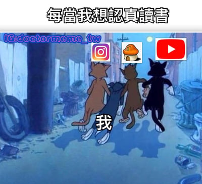 图片上方有文字“每當我想認真讀書”，下方是三只卡通猫的背影，中间的猫被左右两边的猫拖拽着往画面右侧走，中间猫下方标注“我”。猫的上方有Instagram、蘑菇形状图标和YouTube的平台图标，左上角有“IG:doctormeme_tw”水印。整体通过三只猫拖拽“我”离开的场景，幽默地表现了当想认真读书时，会被社交媒体、视频平台等娱乐内容诱惑而分心的状态。