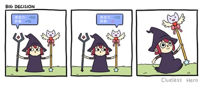 这是一幅三格连环漫画，顶部标题为英文“BIG DECISION”（意为重大抉择）。画面主角是一位身着黑色巫师袍、头戴尖顶巫师帽的红头发小巫师：第一格中，小巫师双手各持一根法杖，左边的法杖造型冷峻锋利，搭配的蓝色属性面板显示“攻击力：+50 防御：+15”，属性十分强力；右边的法杖顶端是带有粉色蝴蝶结和白色翅膀的可爱小猫造型，此时未显示属性，小巫师表情纠结，似乎在做选择。第二格中，右边可爱法杖的属性面板出现，蓝色面板显示“攻击力：+10 防御：-2”，属性远逊于左边的法杖，但小巫师依旧是纠结的表情。第三格中，小巫师露出开心兴奋的表情，身体前倾，高高举起那根可爱的小猫法杖，明确做出了选择，完全忽略了两根法杖的属性差距，用反差感凸显了“喜好优先于实用”的趣味主题。