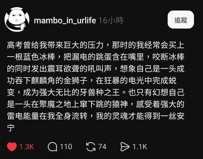 这是一张X平台的社交媒体帖子截图，发布用户头像是经典搞怪熊猫头表情包，发布时间显示为16小时前。帖子文案以夸张荒诞的语气描述自己高考时期的解压方式，故意将“跳跳糖”错写为易引发歧义的词语，还搭配了《怪物猎人》相关的玄幻设定（金狮子、麒麟角、聚魔之地、猿神等），把普通的吃冰棒加跳跳糖的行为描述得如同玄幻角色觉醒一般，风格搞笑脱线，该帖共收获1.3K点赞、110条评论、74次转发、1.1K次浏览。