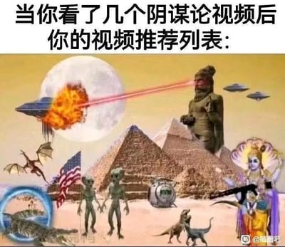 这是一张搞笑合成梗图，上方配文“当你看了几个阴谋论视频后你的视频推荐列表：”，下方的合成画面将各种阴谋论相关的猎奇元素无逻辑地堆砌在一起：能发射激光击毁飞碟的远古巨型雕像、埃及金字塔、经典“灰人”形象的外星人、史前恐龙、持枪械的印度神祇、从传送门钻出的鳄鱼、美国国旗、多架飞碟以及翼龙，混乱荒诞的画面夸张地还原了短视频平台的算法推荐机制——当用户浏览过阴谋论内容后，算法会不断推送同类型的极端、猎奇内容，让推荐列表被各种离谱的阴谋论相关内容“占领”，用荒诞的方式吐槽了算法推荐的“信息茧房”效应，充满搞笑感。