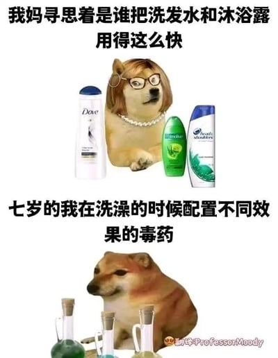 这是一张上下对比的静态梗图，上半部分是戴着假发、眼镜和珍珠项链的拟人化Doge（柴犬）形象，旁边摆放着多芬、海飞丝等品牌的洗发水和沐浴露，配文为“我妈寻思着是谁把洗发水和沐浴露用得这么快”，呈现出妈妈对洗护用品消耗过快的疑惑；下半部分是普通柴犬形象，面前放着三个装有彩色液体的实验烧瓶，配文为“七岁的我在洗澡的时候配置不同效果的毒药”，揭晓了洗护用品消耗快的真相——童年的“我”把这些洗护用品当成制作毒药的原料，在洗澡时玩闹。整张图用反差感的幽默，调侃了小时候天真脑洞下的调皮行为，引发网友对童年趣事的共鸣。