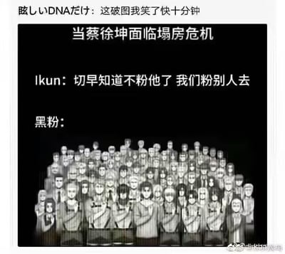 这是一张关于蔡徐坤面临事业危机的梗图，通过文字对话和图像结合展现粉丝与黑粉的不同反应。上方文字为"当蔡徐坤面临塌房危机"，中间部分是粉丝(Ikun)说"切早知道不粉他了 我们粉别人去"，下方标注"黑粉:"并配有大量重复的卡通人物形象，表示黑粉数量众多。图片顶部有评论"这破图我笑了快十分钟"。