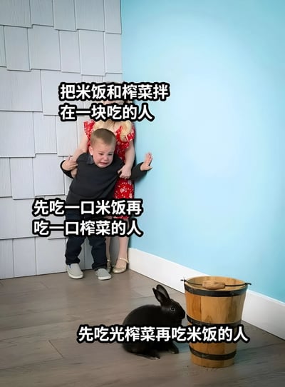 图片展示了两个小孩和一只黑兔子的场景：穿红衣的女孩从身后抱住穿黑衣的小男孩，男孩表情委屈哭泣，身体前倾靠向浅蓝色墙壁；地面上有一只黑兔子蹲坐在木桶旁。图片通过三行文字将不同米饭配榨菜的吃法与人物状态关联，上方文字“把米饭和榨菜拌在一块吃的人”对应女孩扶抱男孩的姿态，中间文字“先吃一口米饭再吃一口榨菜的人”对应男孩被控制的状态，下方文字“先吃光榨菜再吃米饭的人”对应独自蹲坐的兔子，以幽默夸张的方式调侃不同饮食习惯。