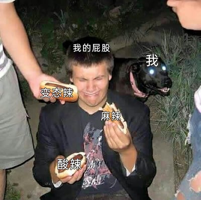 这是一张经过二次创作的搞笑网络梗图，以拟人化的夸张方式调侃了喜爱吃辣却承受不住辣味后果的状态。图中被标注为“我的屁股”的男子眉头紧皱、面部扭曲，露出痛苦的神情，他手中拿着标注“酸辣”“麻辣”的食物，还有人递来“变态辣”的食物；男子身后眼睛发光、表情凶狠的狗被标注为“我”，生动地表现出吃完多种重口辣味食物后，自己要面对肠胃不适、屁股难受的无奈又崩溃的心情，用反差感强烈的画面放大了吃辣后的尴尬痛苦体验，十分贴合喜欢吃辣的人的真实感受。