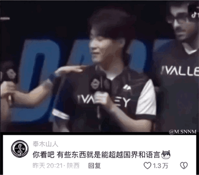 这是一张微博社交媒体截图，上方是电竞赛场的画面：一位手持话筒的电竞选手被身旁的另一位选手轻拍肩膀，两人氛围友好；下方是微博用户「奉木山人」发布的评论：「你看吧 有些东西就是能超越国界和语言😼」，该评论获得1.3万点赞。这个场景传递出电竞竞技中，选手之间的友好情谊可以突破国籍与语言的限制，温暖动人，没有双关或谐音梗。