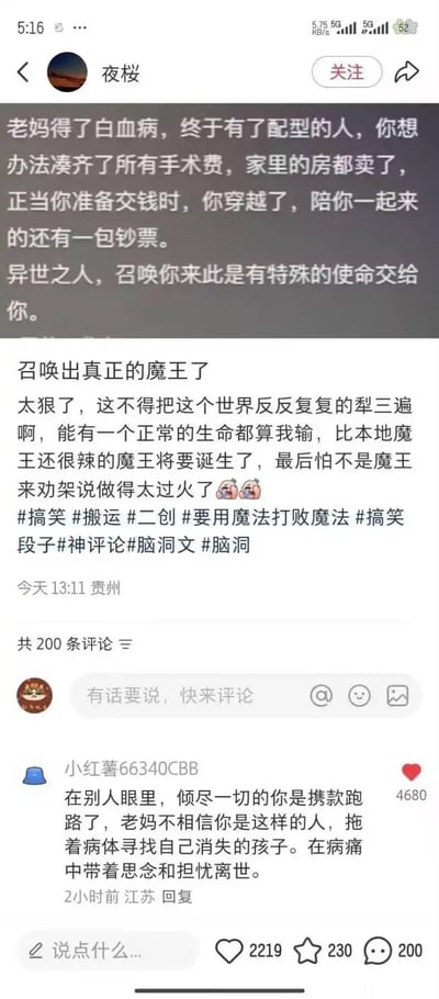 社交媒体用户“夜桜”发布的一段搞笑脑洞文：老妈患白血病，终于找到配型并凑齐手术费（不惜卖房），却在交钱前意外穿越，还带着一包钞票，被异世界之人召唤去执行特殊使命。帖子下方有网友调侃“召唤出真正的魔王了”，称其会把世界“反复犁三遍”，比本地魔王更狠辣。热评来自“小红薯66340CBB”，补充反转剧情：外界认为主角携款跑路，老妈不信，拖着病体寻找，最终在思念与病痛中离世。画面包含帖子正文、评论区互动（共200条评论）、点赞数（2219）、收藏数（230）等社交元素，整体风格为搞笑反转的脑洞故事。