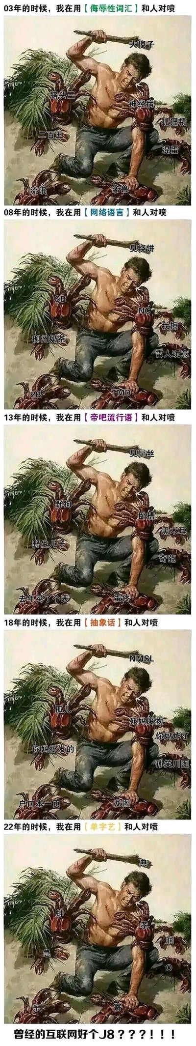该图为多图拼接的竖版梗图，通过五张相同场景的图片重复排列，展现一名赤裸上身的肌肉男单膝跪地，手持工具与周围大量螃蟹搏斗的画面。每张图片上方分别标注不同年份及对应的中国互联网平台名称：03年【博客中国】、08年【新浪微博】、13年【微信朋友圈】、18年【抖音】、22年【小红书】，暗示不同时期用户使用各类社交平台进行“对线”（争论）的状态。图片底部配有文字“曾经的互联网两个JB？？？！！！！”，以粗俗语言表达对互联网环境变迁的讽刺与不满。